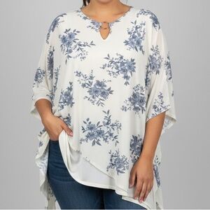 Lily Morgan White Blue Floral Mesh Asymmetrical Blouse 2X